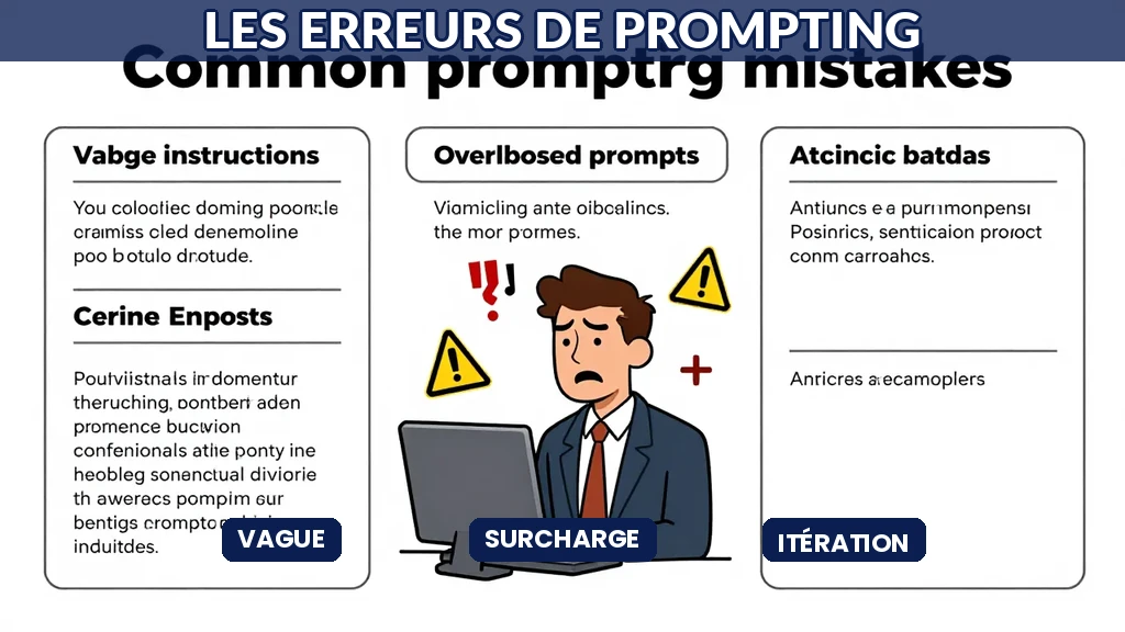 Illustration montrant les erreurs courantes en prompting IA avec des symboles d'avertissement