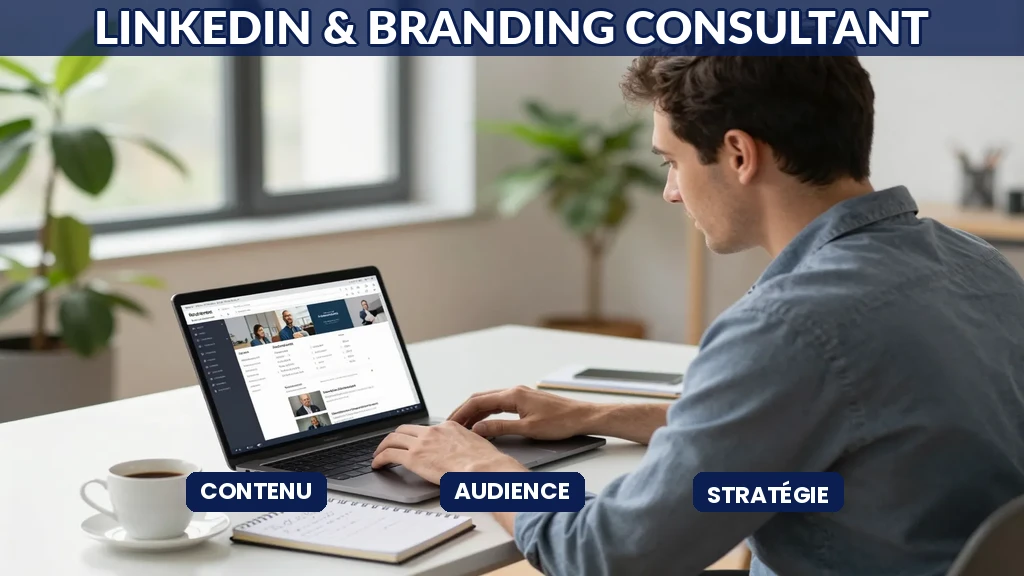 Consultant IA français travaillant sur son ordinateur pour publier du contenu sur LinkedIn avec des outils d'intelligence artificielle qui l'aident à planifier sa stratégie éditoriale