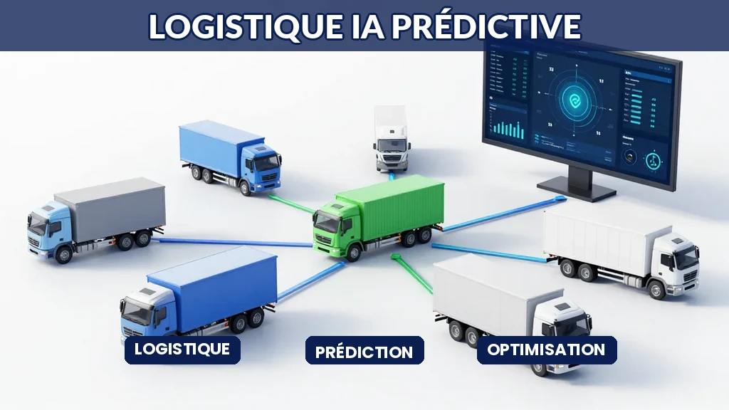 Illustration montrant un réseau logistique avec des camions connectés, un tableau de bord IA, des graphiques de prévision, style professionnel