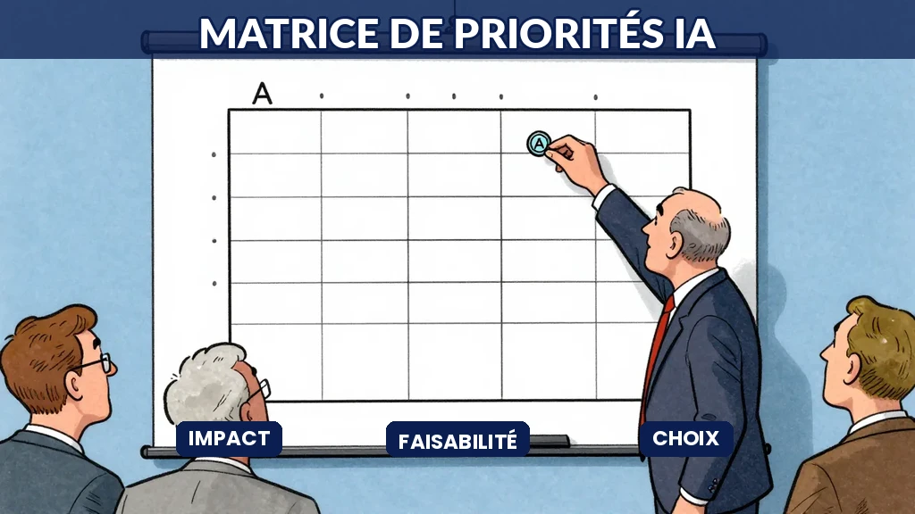 Illustration éditoriale Sempé en tons bleus : tableau blanc avec une matrice 2x2, trois consultants avec stylos, notes adhésives numérotées placées selon impact et faisabilité.