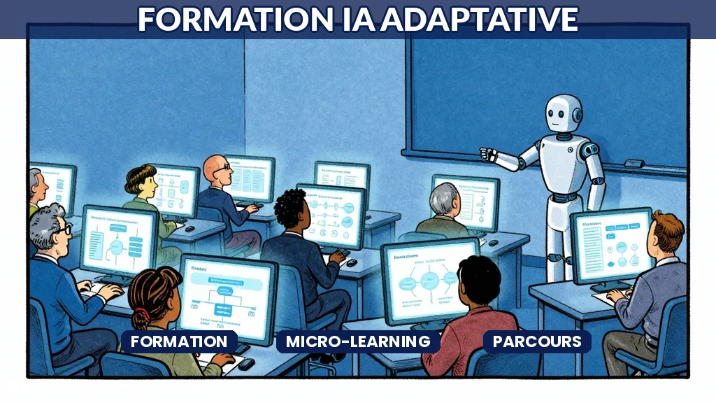 Employés en formation avec écrans personnalisés et robot IA enseignant adaptatif