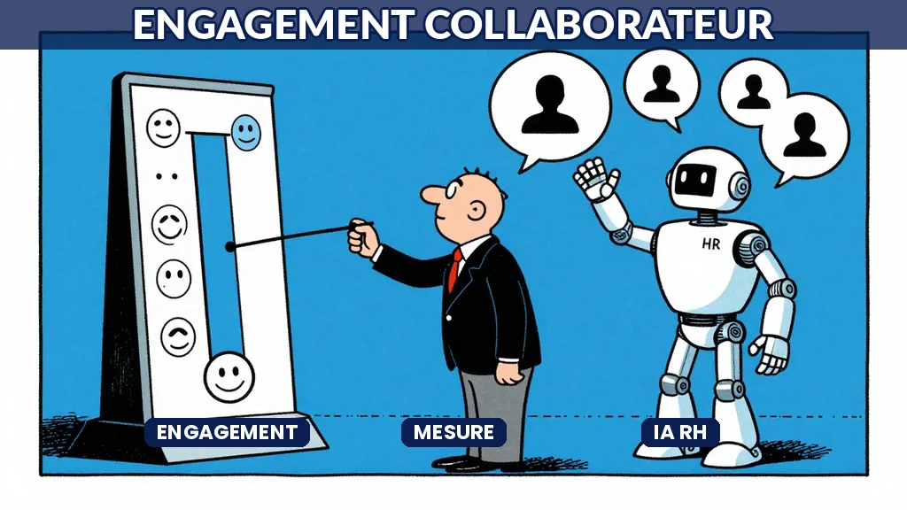 Responsable RH devant un baromètre engagement avec bulles de feedback et robot IA