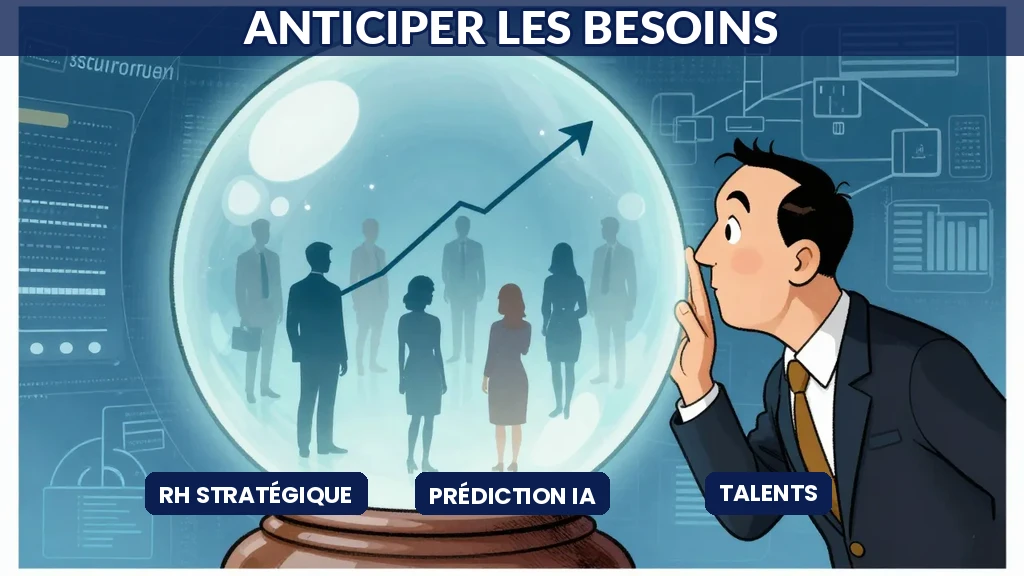 Illustration d'un professionnel RH utilisant une boule de cristal IA pour anticiper les besoins futurs en compétences