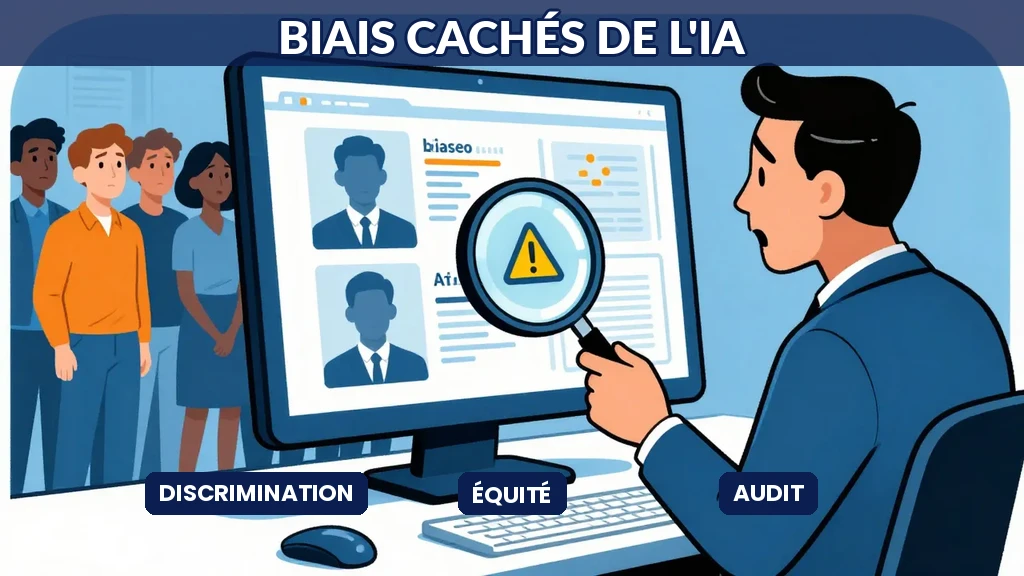 Illustration d'un recruteur examinant une loupe révélant des préjugés cachés derrière un écran d'IA