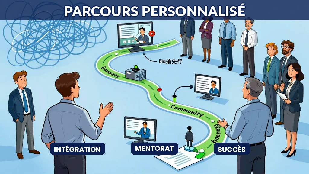 Illustration d'un nouvel employé découvrant un parcours d'intégration personnalisé adapté à son profil et ses besoins