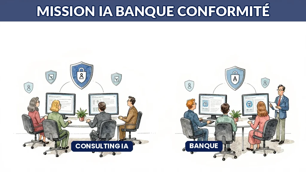 Équipe compliance bancaire avec écrans de conformité IA et boucliers de sécurité