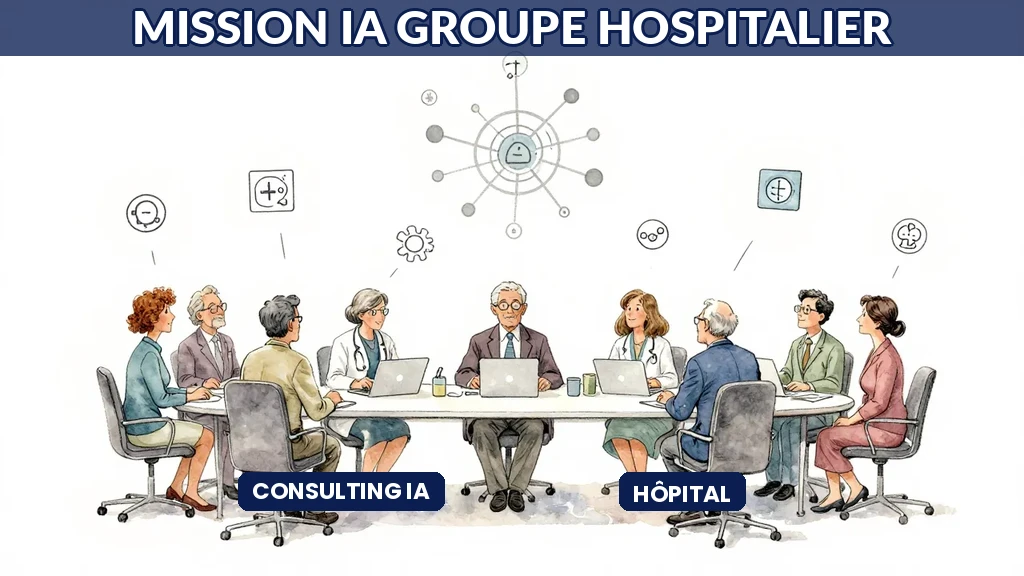 Consultants travaillant avec des administrateurs hospitaliers autour de symboles IA médicaux