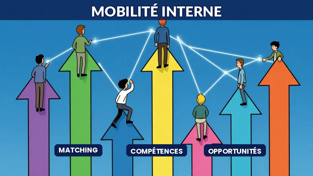 Des collaborateurs montés sur des flèches ascendantes rejoignant des postes colorés, avec des lignes numériques les connectant, symbole de mobilité interne assistée par IA