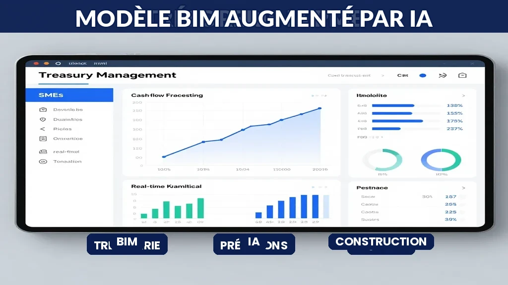 Modèle BIM 3D d'un bâtiment avec analyse IA, détections d'erreurs en surbrillance et simulations de performance