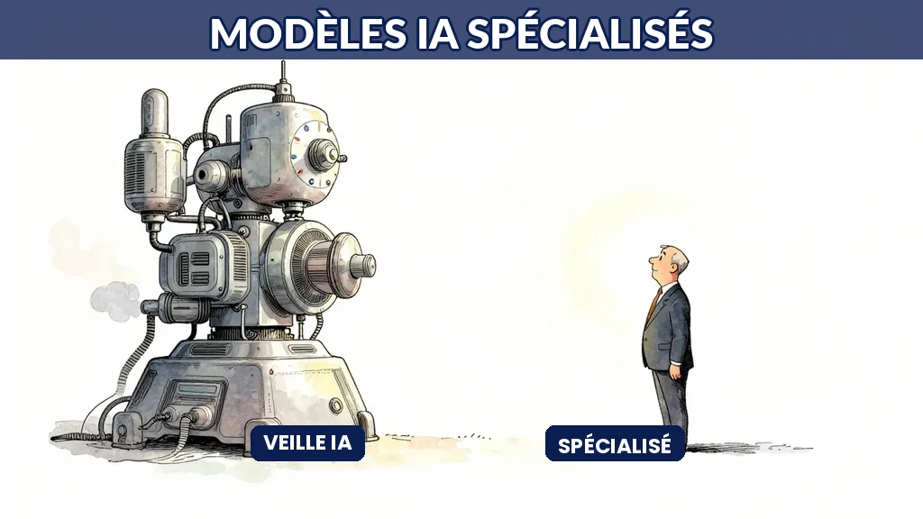 Professionnel comparant un modèle IA géant et un petit modèle spécialisé performant