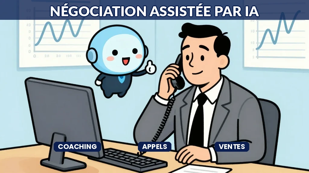 Illustration Sempé montrant un commercial au téléphone avec des icônes de feedback flottantes, palette bleue tendre