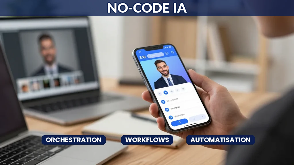 Interface no-code builder avec blocs d'automatisation IA connectés ensemble pour créer des workflows sans code
