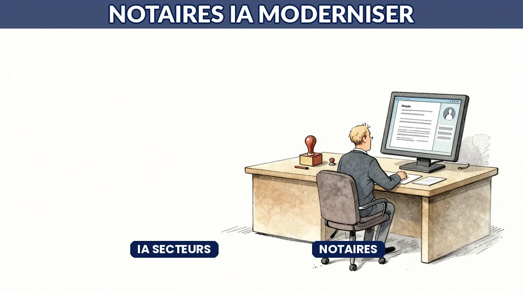 Étude notariale modernisée avec sceaux traditionnels et écrans de traitement IA