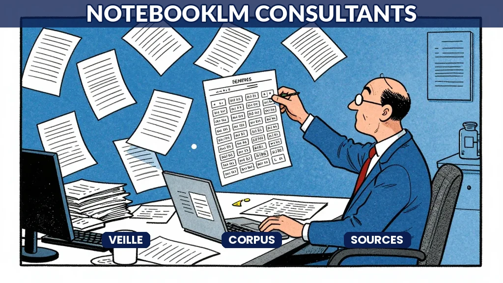 Consultant français travaillant avec Google NotebookLM sur documents de veille et recherche sectorielle