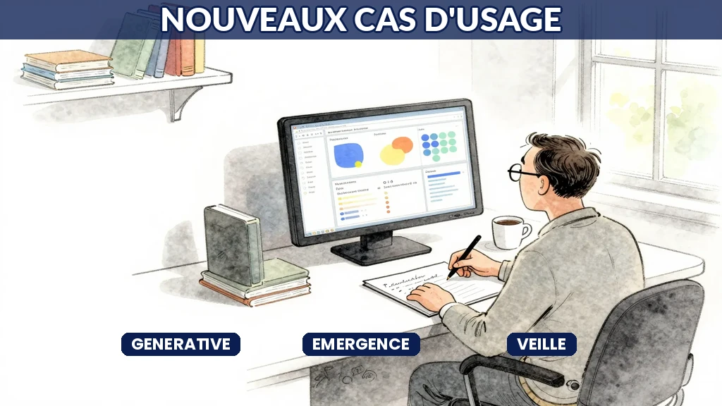 Veilleur français suivant l'émergence mensuelle de nouveaux cas d'usage de l'intelligence artificielle générative depuis son bureau avec tableaux comparatifs