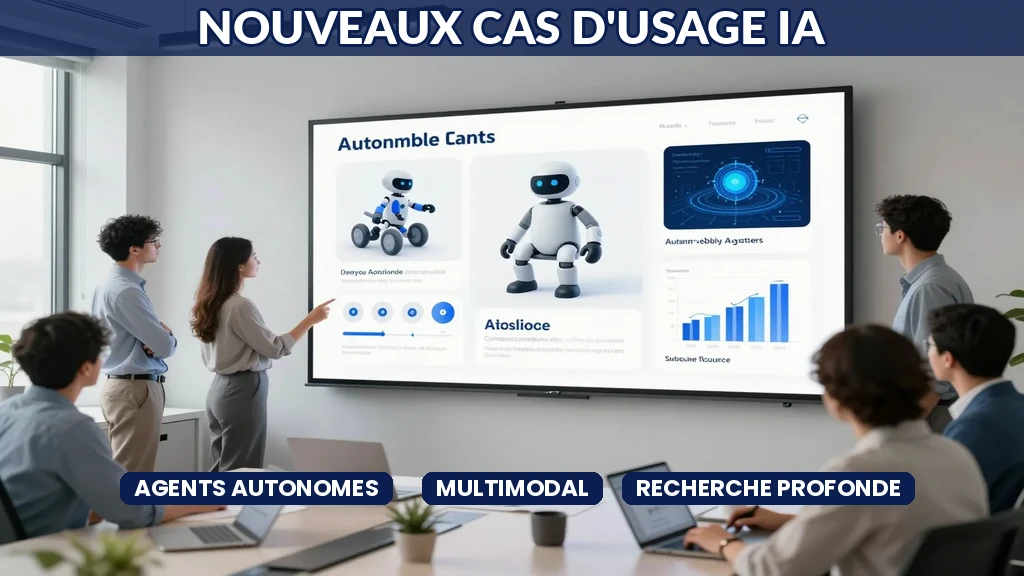 Equipe d'innovation francaise explorant de nouveaux cas d'usage IA inedits sur un grand ecran interactif avec agents autonomes et outils multimodaux apparus recemment