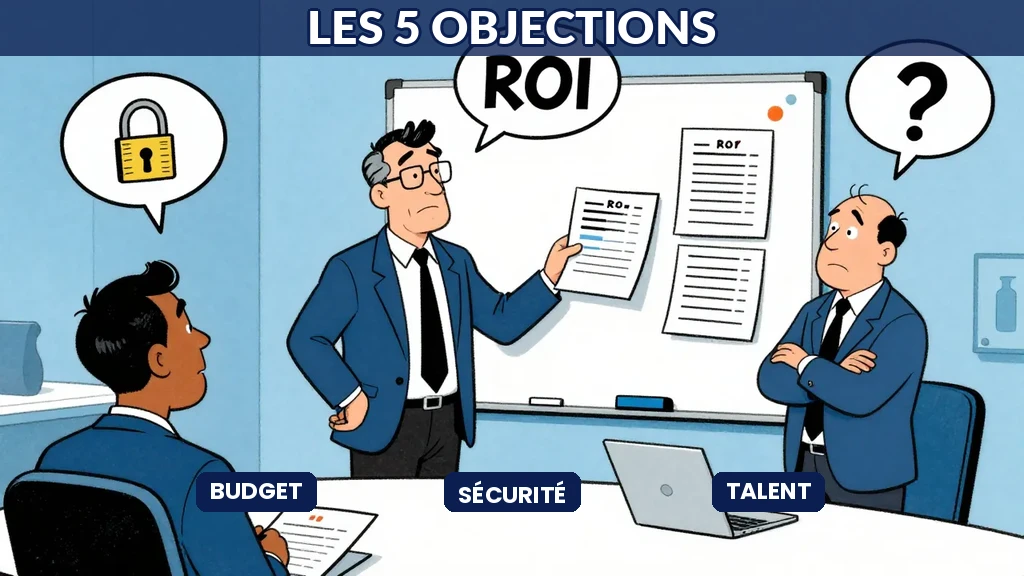 Consultant en IA répondant aux doutes d'un dirigeant face à l'intelligence artificielle