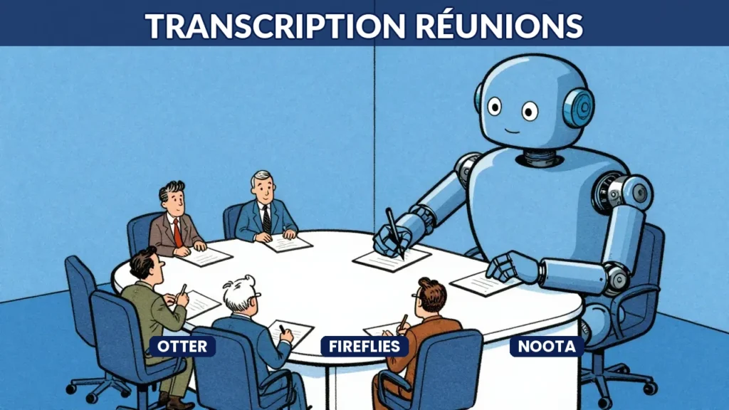 Illustration caricaturale d'un robot géant prenant des notes avec plusieurs bras pendant une réunion, symbolisant la transcription IA de réunions