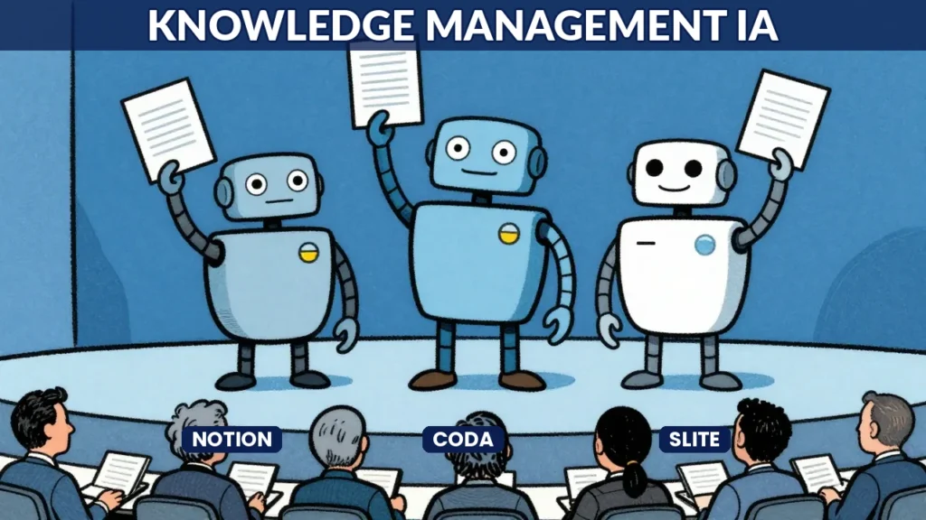 Illustration caricaturale de trois robots représentant Notion AI, Coda AI et Slite comparés sur scène pour le knowledge management