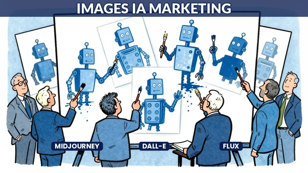 Illustration caricaturale comparant les outils IA de génération d images Midjourney DALL-E et FLUX pour le marketing B2B