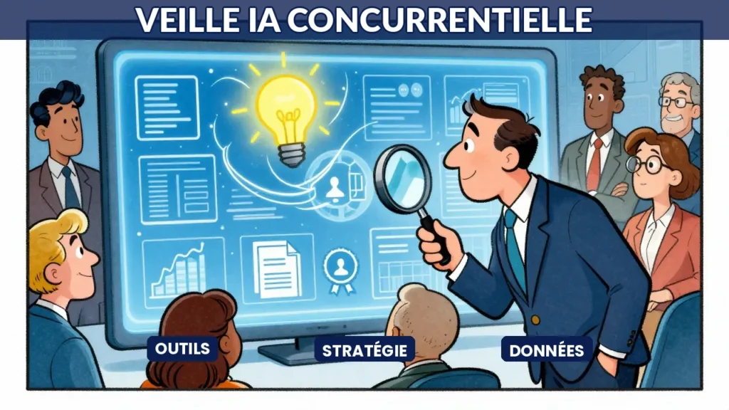 Cartoon humoristique : un dirigeant examine une loupe numérique remplie d'informations sur la concurrence, illustrant la veille concurrentielle par IA