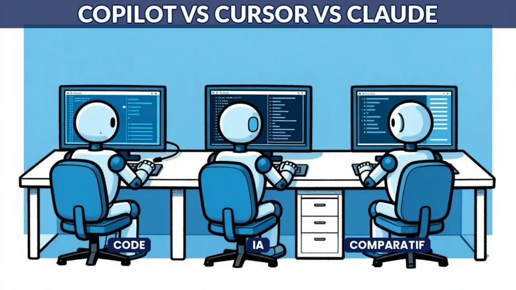 Comparatif des assistants IA de codage : trois robots programmeurs utilisent Copilot, Cursor et Claude Code côte à côte, illustration de style New Yorker