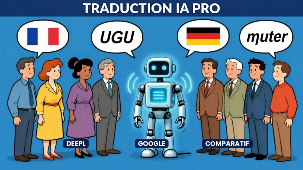 Illustration humoristique : robot traducteur IA entre deux groupes de personnes parlant des langues différentes, comparatif DeepL et Google
