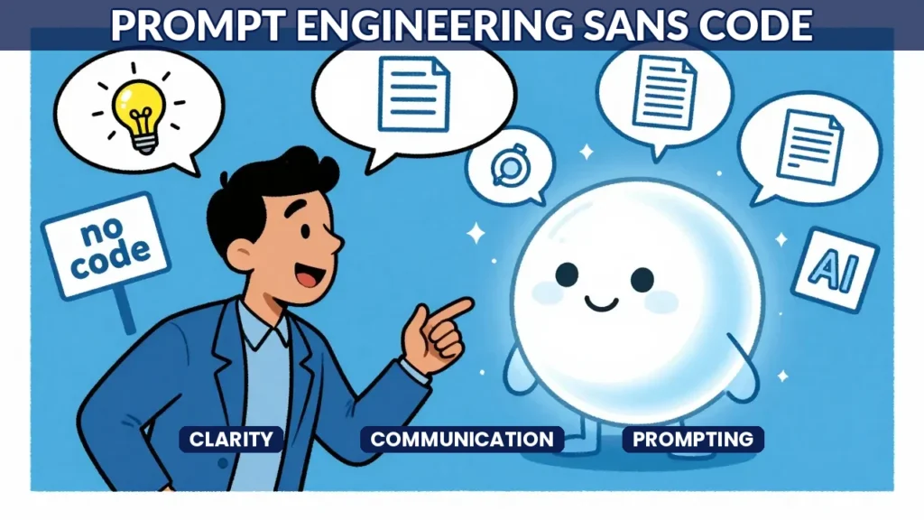 Illustration montrant une personne non-technique conversant avec une IA, transformant des idées en résultats par la magie du prompt.