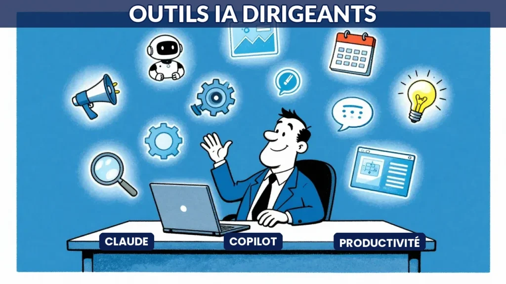 Illustration caricaturale d'un dirigeant entouré de dix outils IA sur son bureau