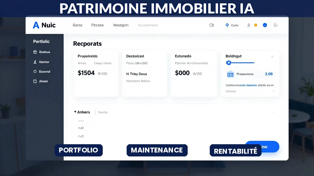 Tableau de bord d'IA montrant portefeuille immobilier, rentabilité par bien et alertes maintenance