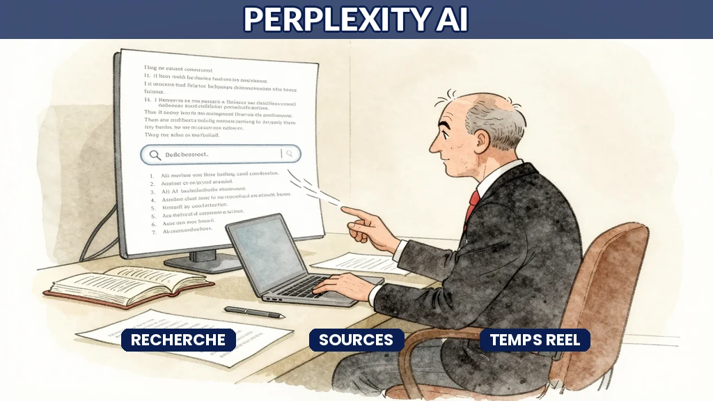 Professionnel français utilisant Perplexity AI comme moteur de recherche sourcé sur ordinateur au bureau