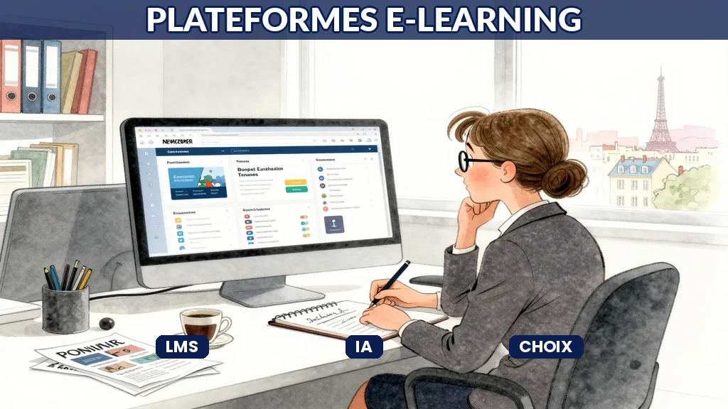 Responsable formation français évaluant plusieurs plateformes de e-learning augmentées par l'IA sur son écran pour comparer leurs fonctionnalités et leurs tarifs
