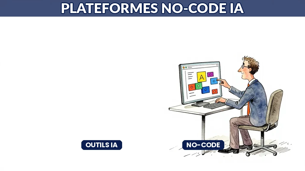 Professionnel construisant une application IA avec des blocs colorés drag-and-drop
