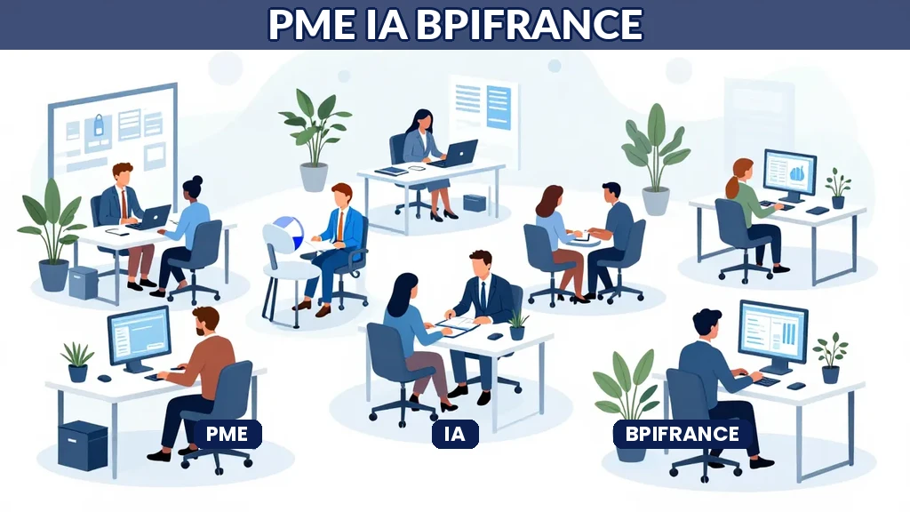 Illustration montrant des petites et moyennes entreprises françaises intégrant l'intelligence artificielle dans leurs opérations quotidiennes