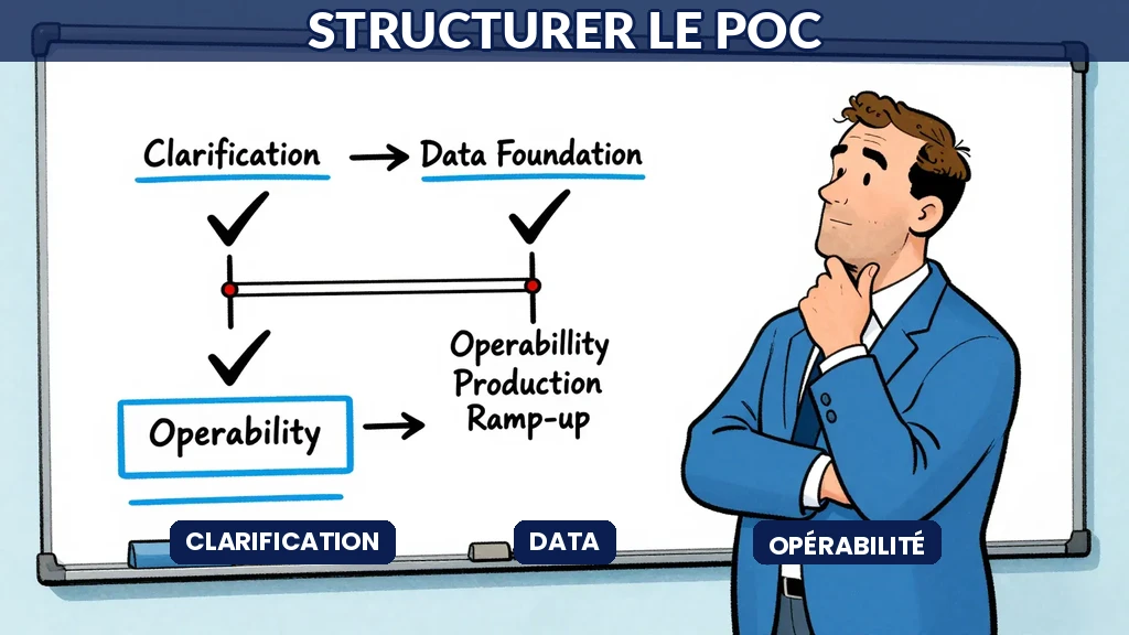 Un consultant réfléchit face à un diagramme de POC progressif avec étapes de validation