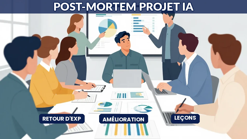 Équipe en réunion de post-mortem analysant les résultats et leçons apprises d'un projet IA passé