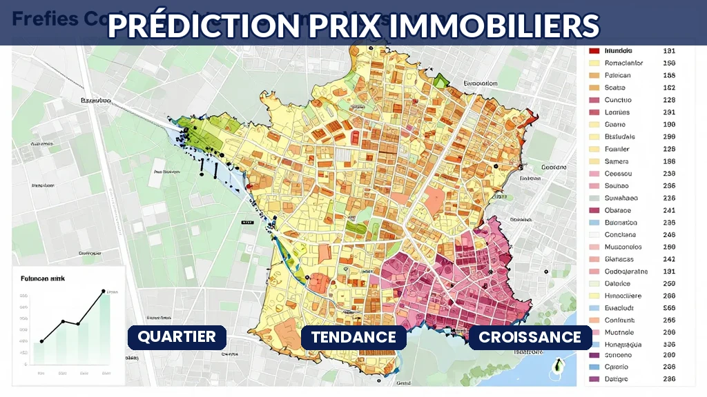 Carte de quartiers français avec prédictions prix immobiliers, tendances et indicateurs croissance selon IA