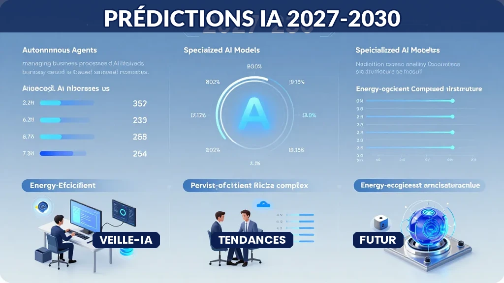 Tableau de bord futuriste montrant les tendances de l'IA et les prédictions technologiques pour 2027-2030