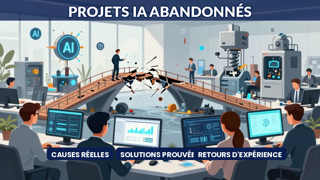 Illustration d'un équipe de travail face à des obstacles et des arrêts dans un projet d'intelligence artificielle