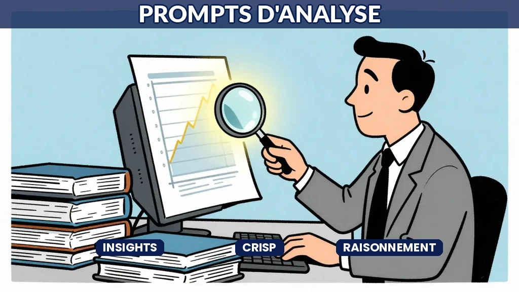 Illustration Sempé montrant des données floues qui se transforment en insights structurés sur un grand tableau, tons bleus chaleureux