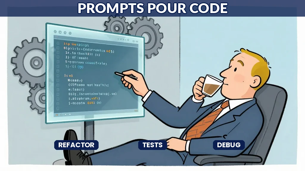 Cartoon style Sempé, palette bleue, développeur avec terminal et IA en bulle de dialogue
