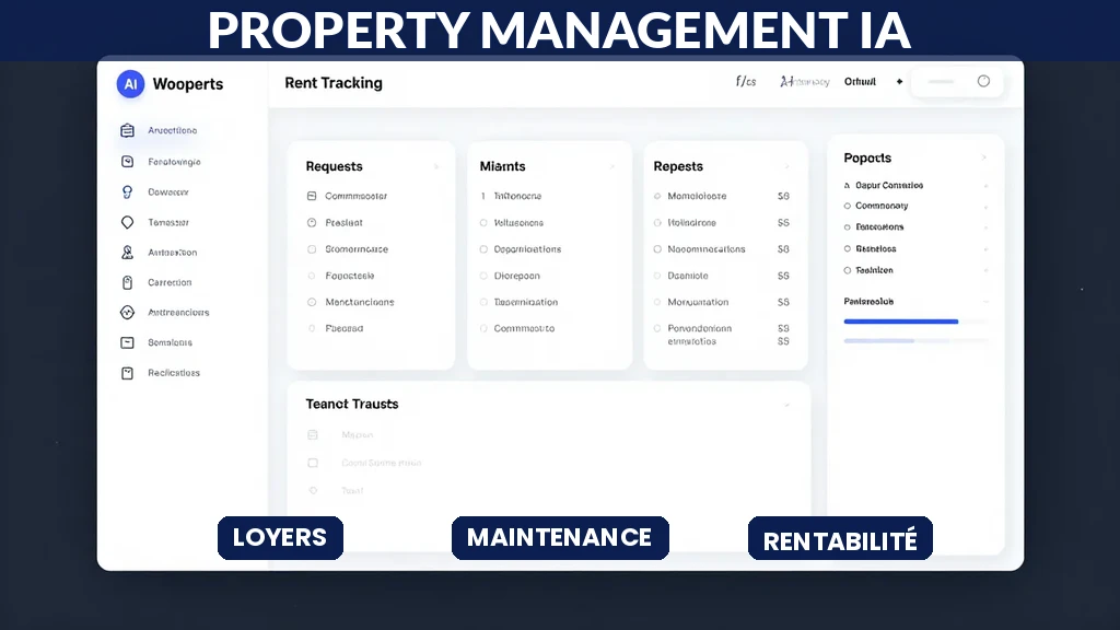 Plateforme IA property management montrant suivi loyers, demandes maintenance, communication locataires et rentabilité