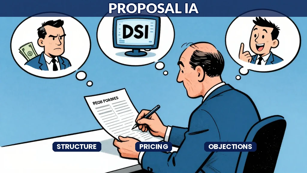 Consultant rédigeant une proposition commerciale pour une mission d'intelligence artificielle