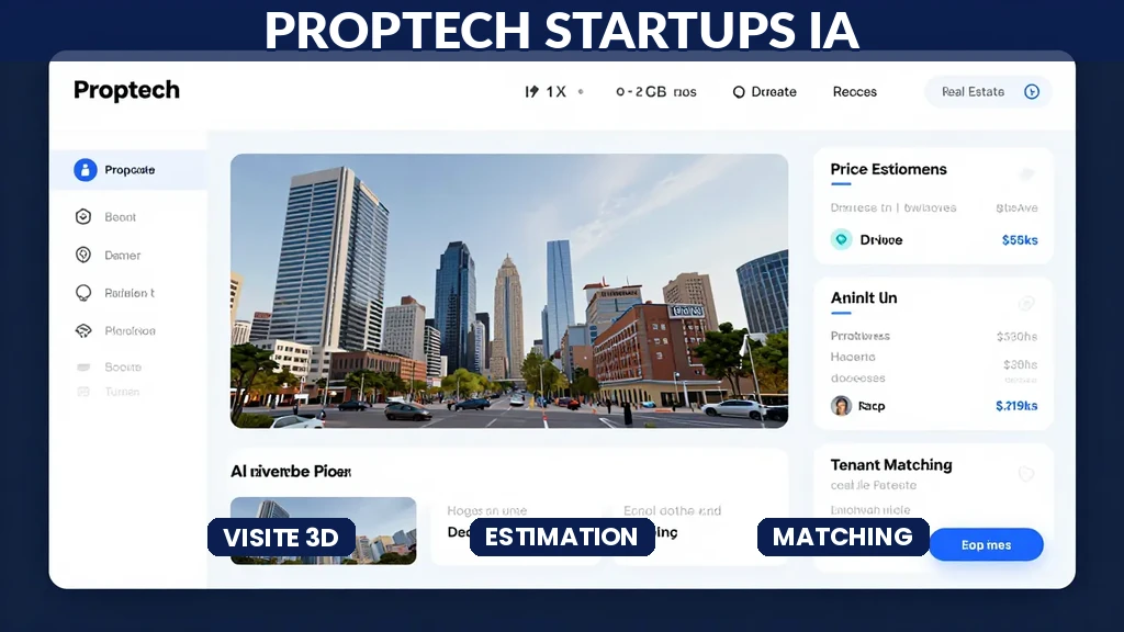Interface PropTech avec IA montrant visites virtuelles, estimation prix, matching locataires et automatisation