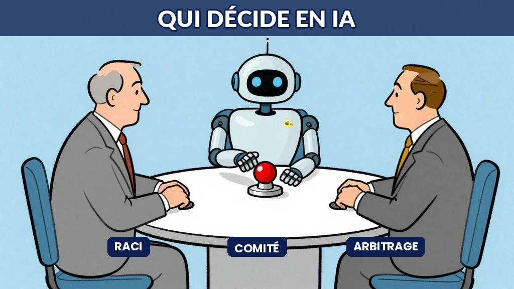 Schéma RACI stylisé avec trois acteurs autour d'une table de décision, cartoon Sempé, tons bleus avec emphatiques rouges.