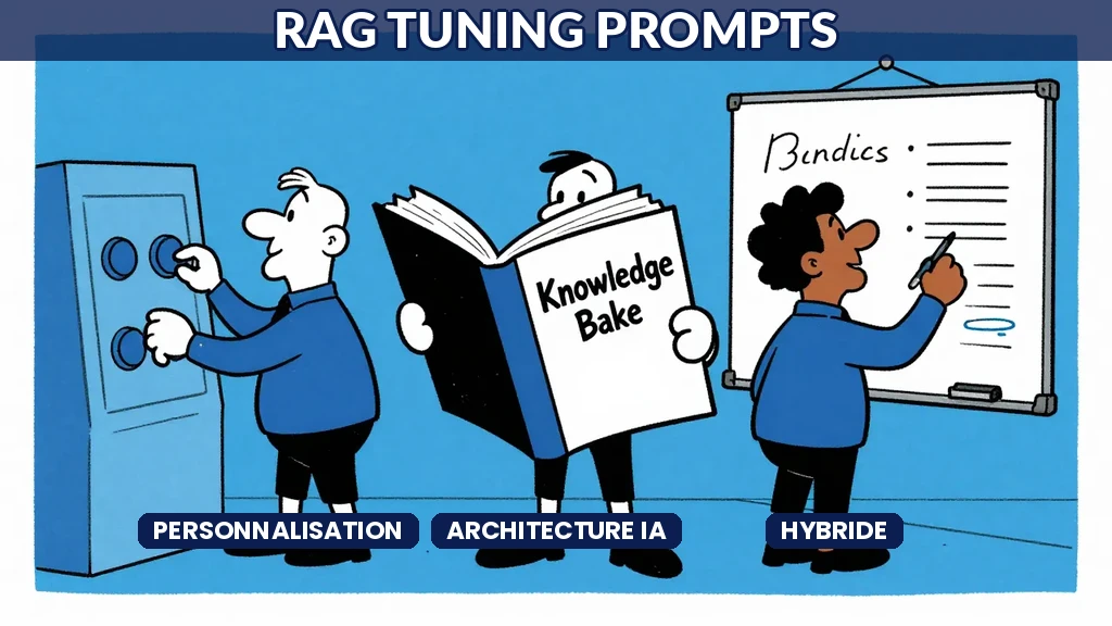 Illustration satirique montrant trois approches technologiques différentes pour adapter et personnaliser un modèle de langage IA