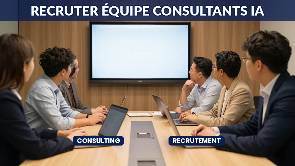 Équipe de consultants IA en réunion de formation collaborative autour d'une table