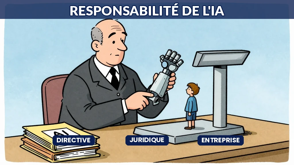 Silhouette d'un avocat consultant une documentation officielle européenne, avec logos de responsabilité IA en arrière-plan