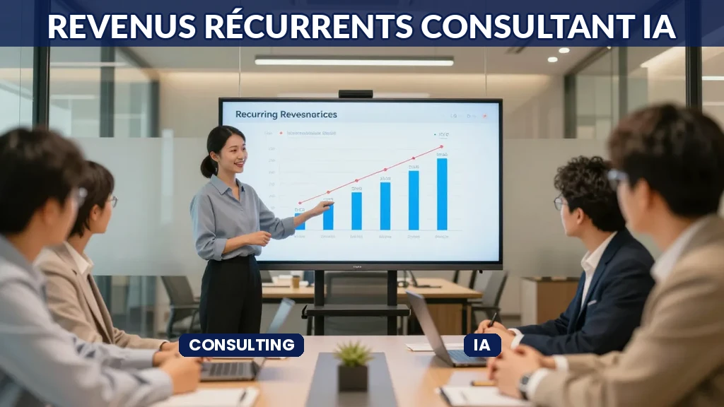 Consultant IA en réunion avec clients autour d'un tableau de gestion de retainer mensuel