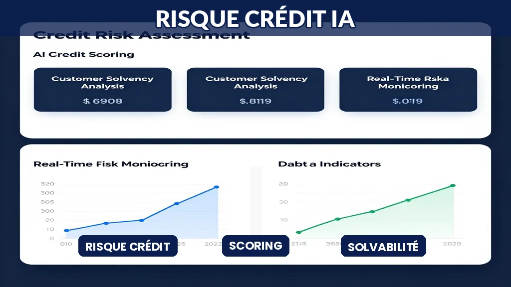 Tableau d'analyse de risque crédit avec scores IA, données financières et indicateurs de solvabilité client
